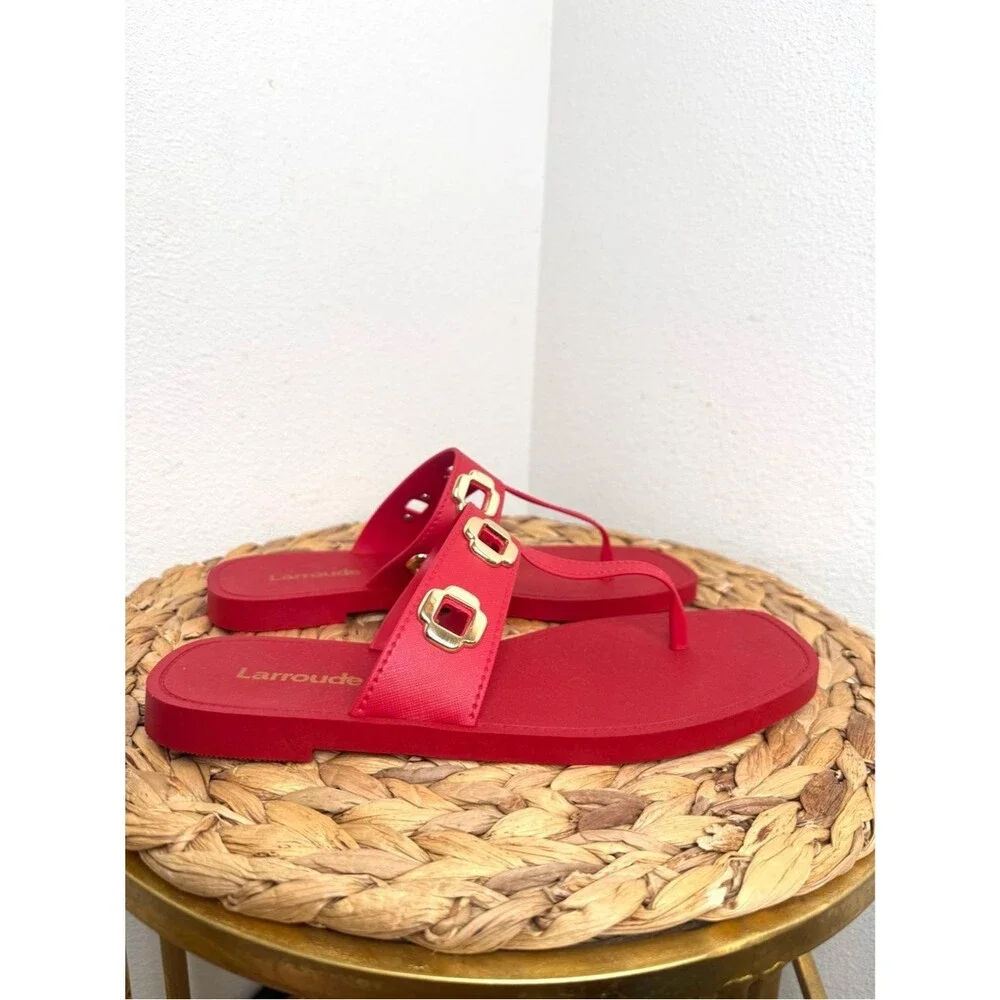 NWT Larroude’ Milan Jelly Grommet Thong Red Sandal Gold Buckle Logo Nordstrom